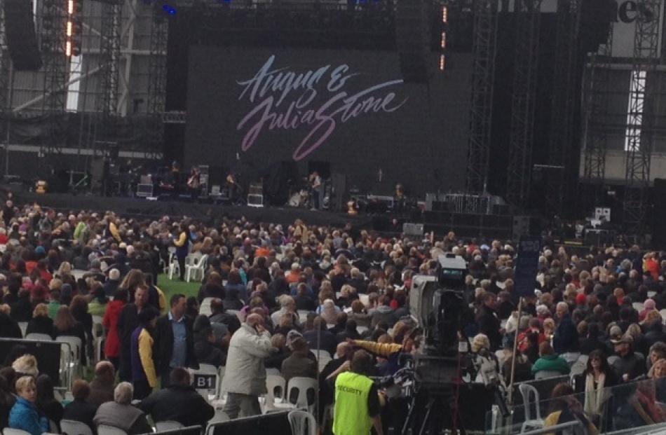 Support act Angus and Julia Stone entertain the crowd at Forsyth Barr Stadium. Photo by Stephen...
