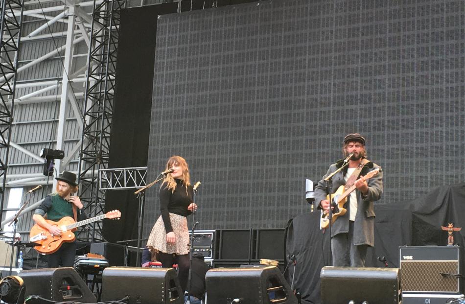 Support act Angus and Julia Stone entertain the crowd at Forsyth Barr Stadium. Photo by Craig Baxter