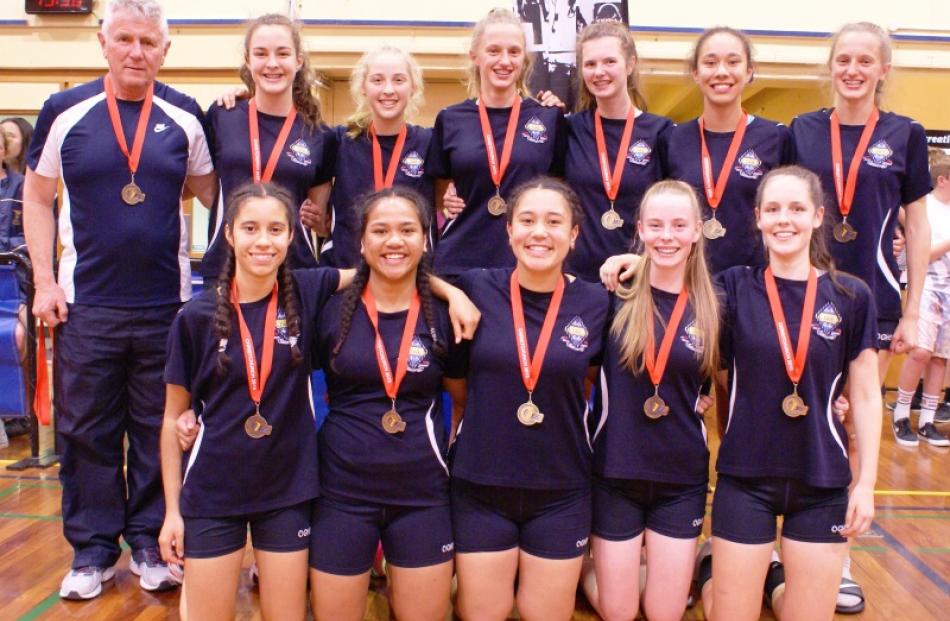 The Otago Girls' High School junior volleyball team with their gold medals after becoming South...
