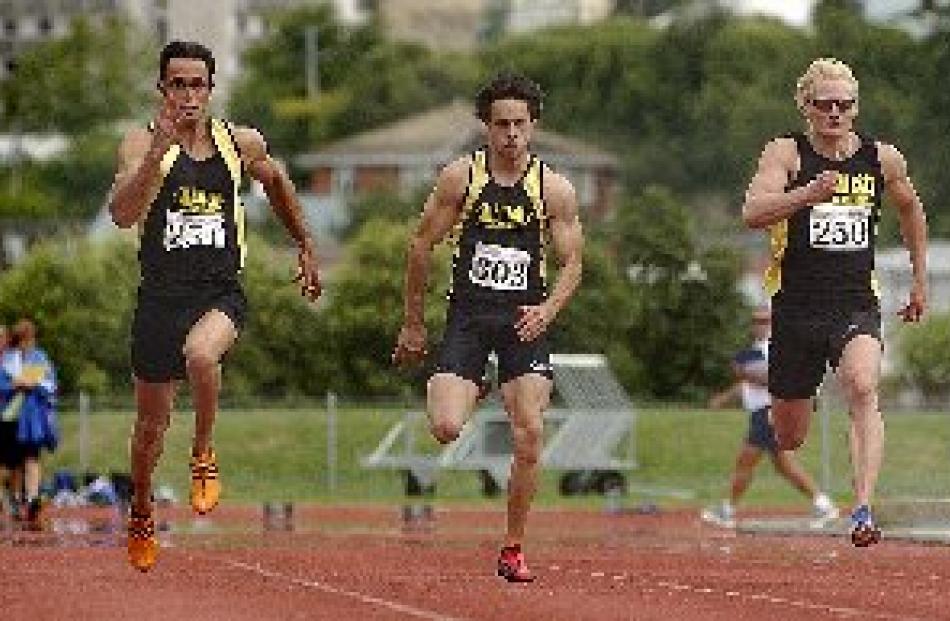 Competing in a  star-studded 100m field at the Caledonian Ground in 2002 are (from left) Cory...