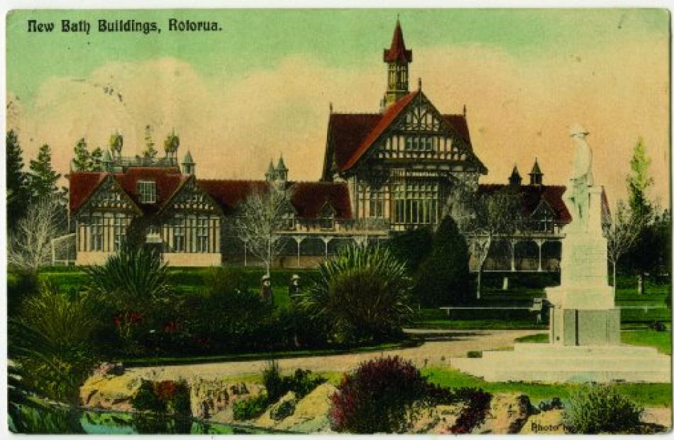 The Tudor-style bath house in Rotorua which opened in 1908. Postcards from the collection of Leo...