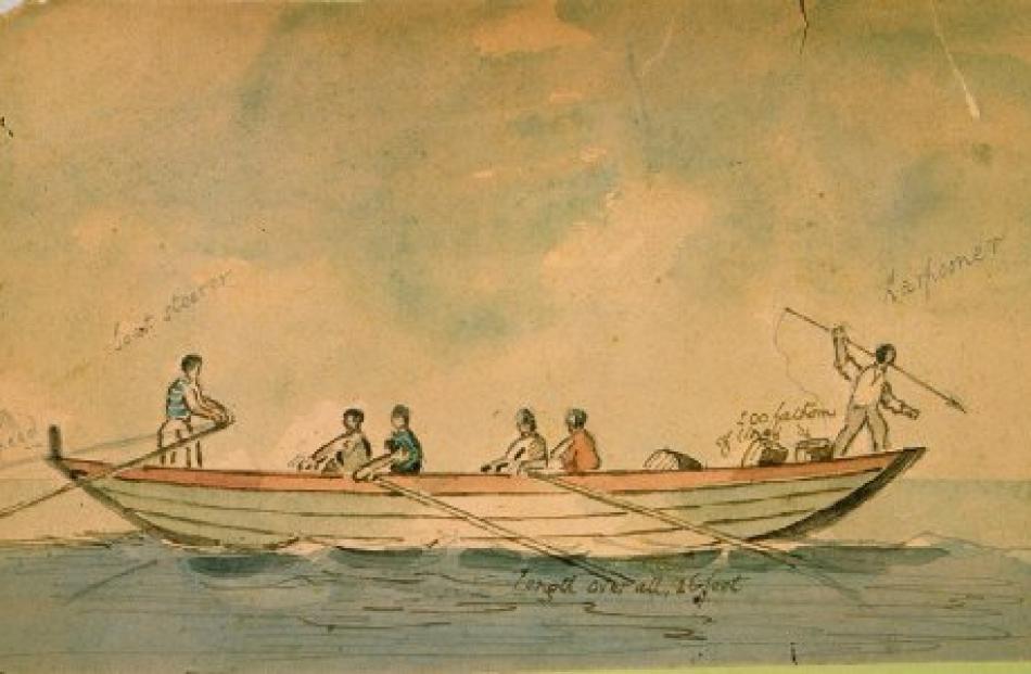 A picture of an early 19th-century whaleboat crew. Photo from Alexander Turnbull Library.