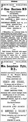 These advertisements for the Anna Longshore Potts and J. Charles Harrison lectures appeared in...