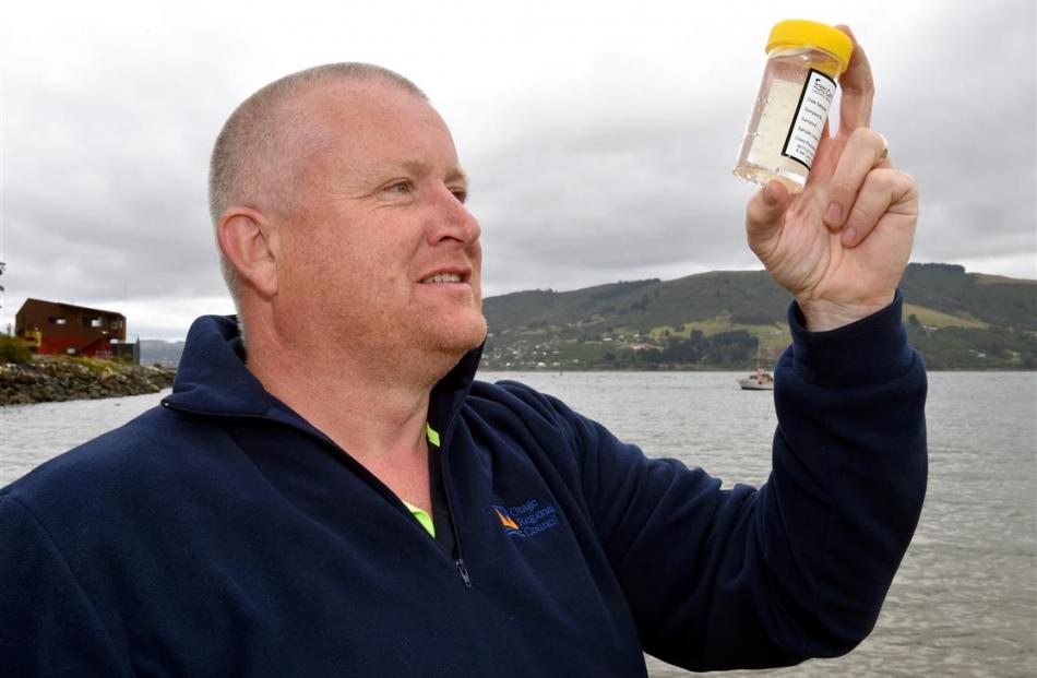 Otago Regional Council environmental officer Mike Cummings takes a water sample at Macandrew Bay...