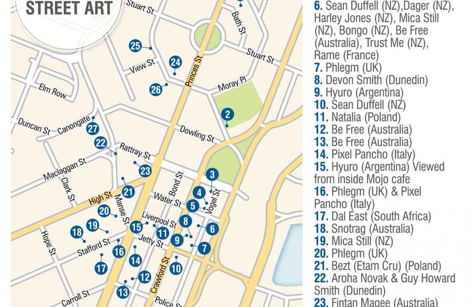 A street map of artworks in Dunedin. Click to enlarge ODT graphic
