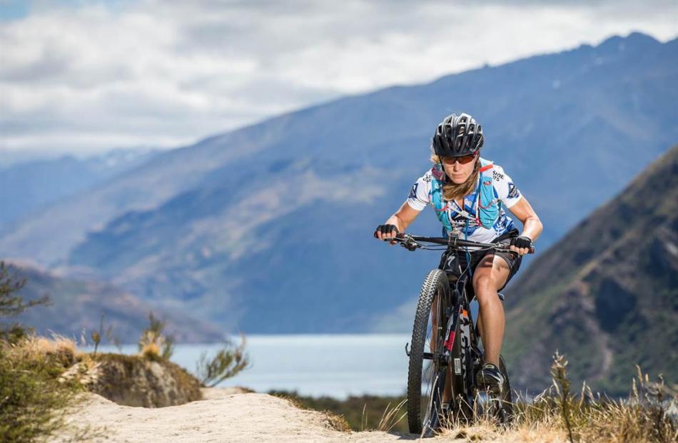Wanaka’s Joanna Williams trains on her bike yesterday.