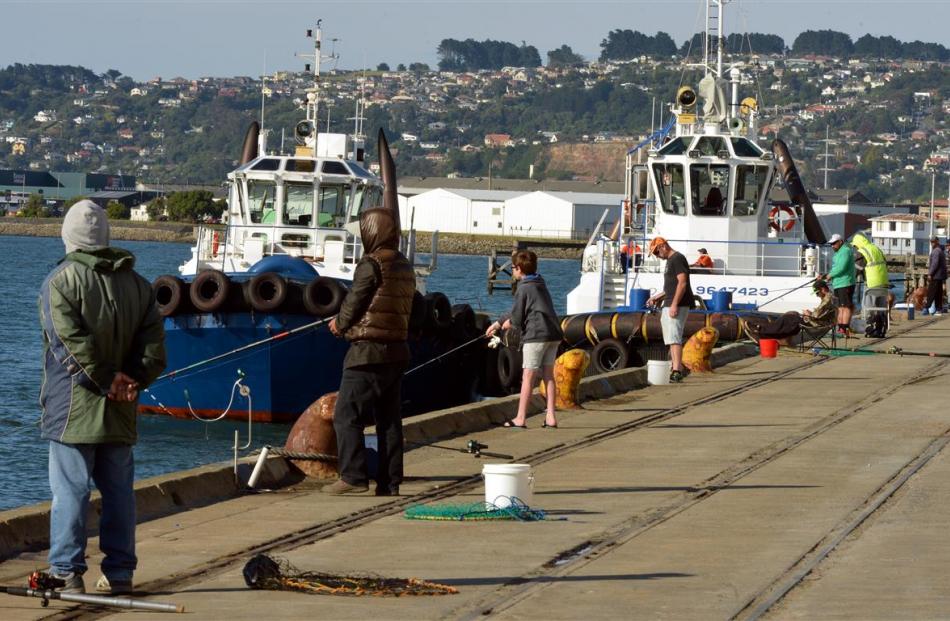 People fishing at Victoria Wharf on Friday. Photo: Stephen Jaquiery