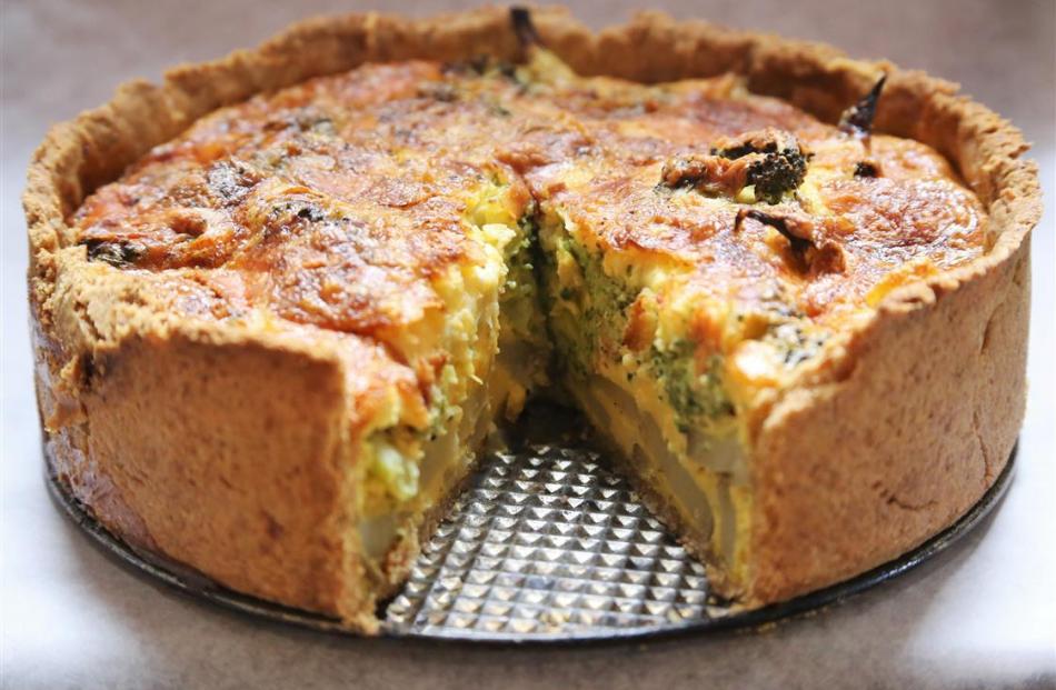 Broccoli, potato and cheddar quiche.
