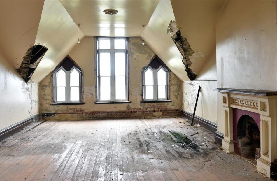 Significant damage and grand interiors sit side by side on the priory’s top floor.