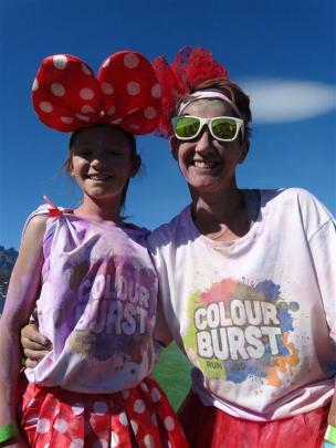 Kayla Wallace (10) and her mother, Teresa Wallace,  of Arrowtown, at the end of the colour  run.