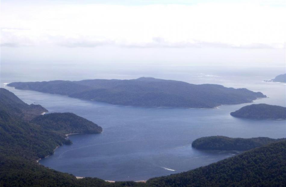 Coal Island, a predator free sanctuary for kiwi at the mouth of Preservation Inlet, from the air.