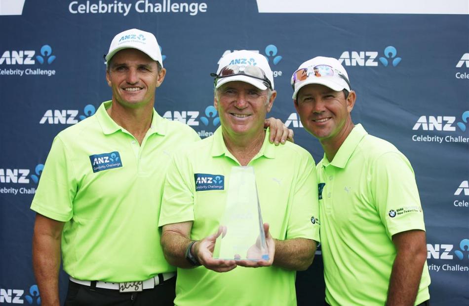 The Australian winners of the ANZ Celebrity Challenge (from left) Ivan Cleary, Allan Border and...