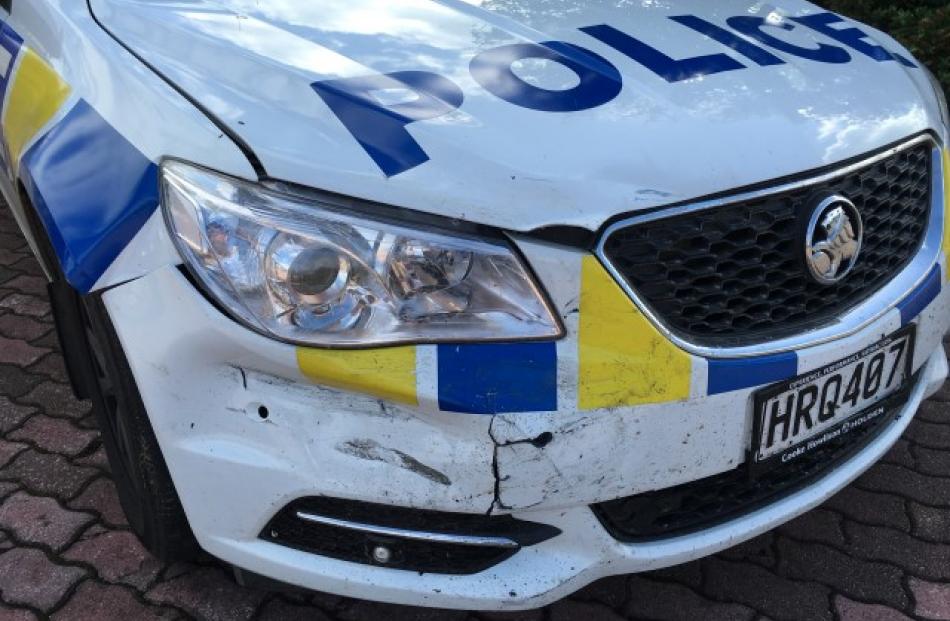 The police car that was damaged in the incident. Photo Craig Baxter
