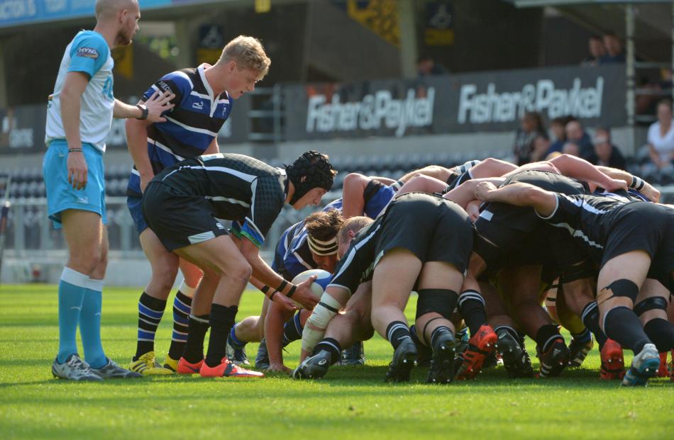 Action from today's match between Kaikorai and Pirates at Forsyth Barr Stadium today. Photo:...