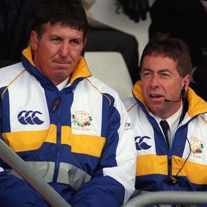 Young (left), as Otago assistant coach, sits with Otago coach Kevin Gloag at Carisbrook, watching...