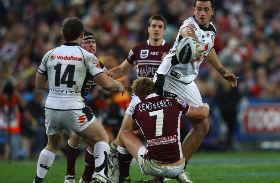 Warriors prop Ben Matulino offloads the ball during a game against Manly earlier in the year....