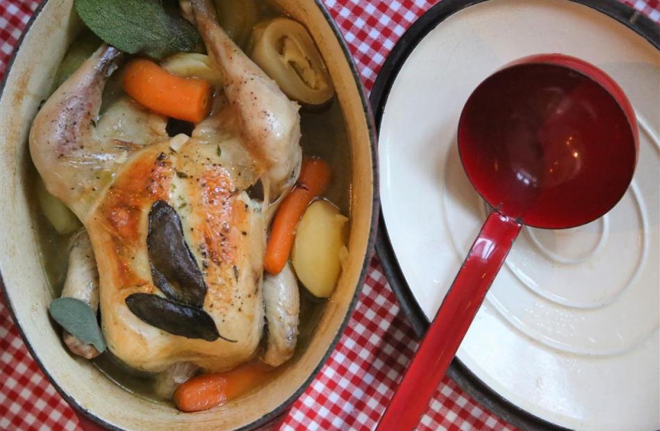One-pot chicken braised with market vegetables. Photo: Simon Lambert