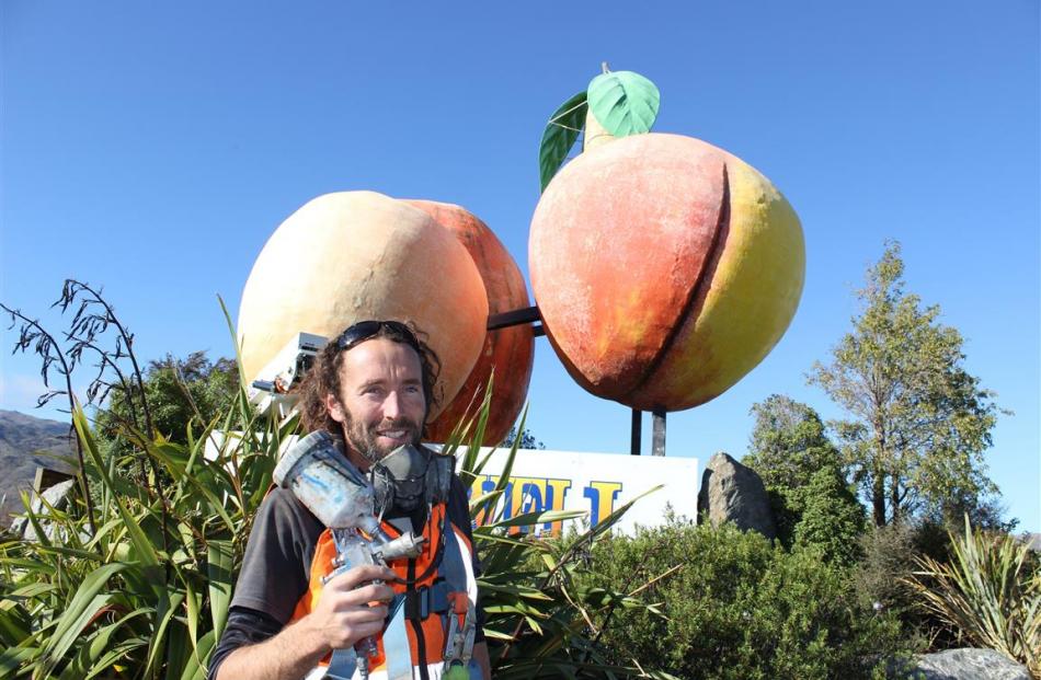 Invercargill painter Robbie Miller prepares to spray a shiny new coat on oversized fruit. Photos...