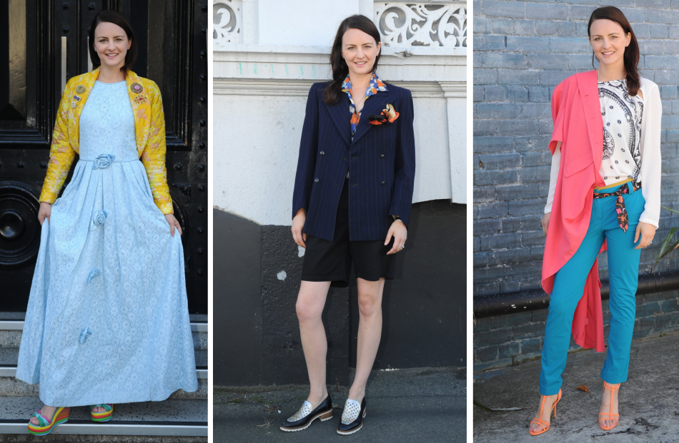 Victoria Muir models some of the outfits chosen from Hospice op shop finds by a Otago Polytechnic...