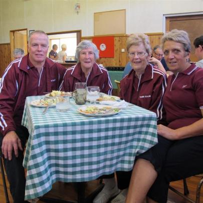 Enjoying a lunch break during the tournament are (from left) Keith Ruthven, of Momona, Noeline...