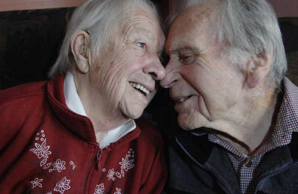 A tender moment - Win and Alfred Gaze, of Oamaru, who celebrated their 74th wedding anniversary...