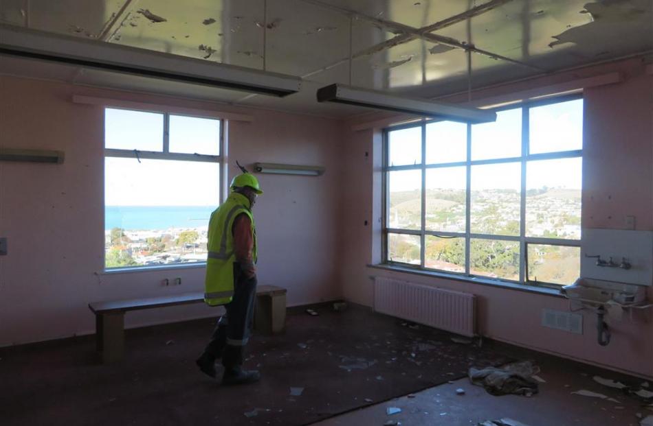 Looking out to Oamaru through the vandalised windows in the now derelict children’s ward.