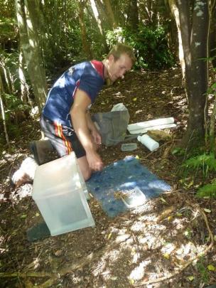 Leon at work cleaning a kiwi feeding site. Photo by Alyth Grant.