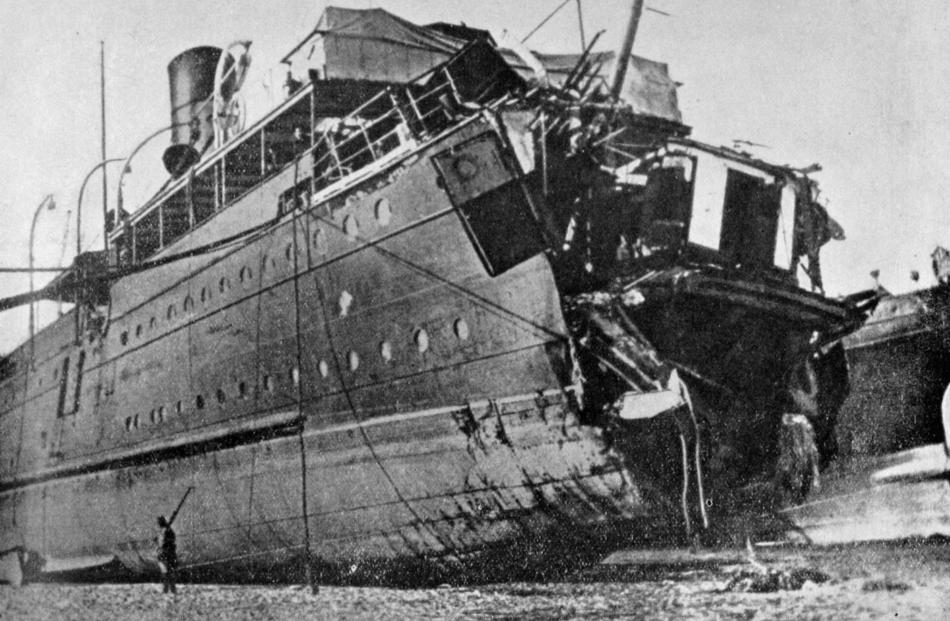 The passenger ship, Sussex, beached at Boulogne after a torpedo demolished the bows in the...