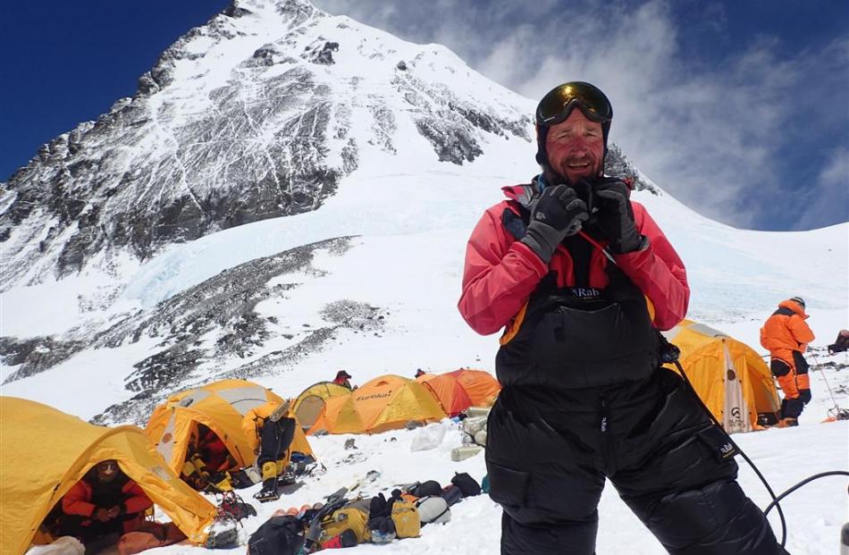 Brian Dagg at the South Col, with Mt Everest behind.
