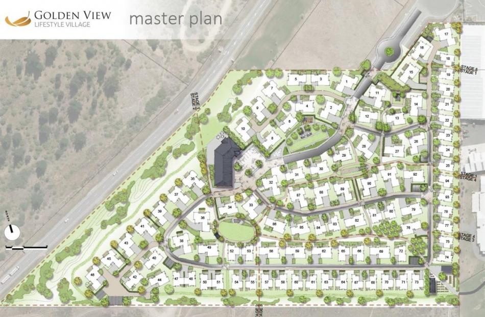 An artist’s impression of the village layout. The road is SH6 and the white building on the top...