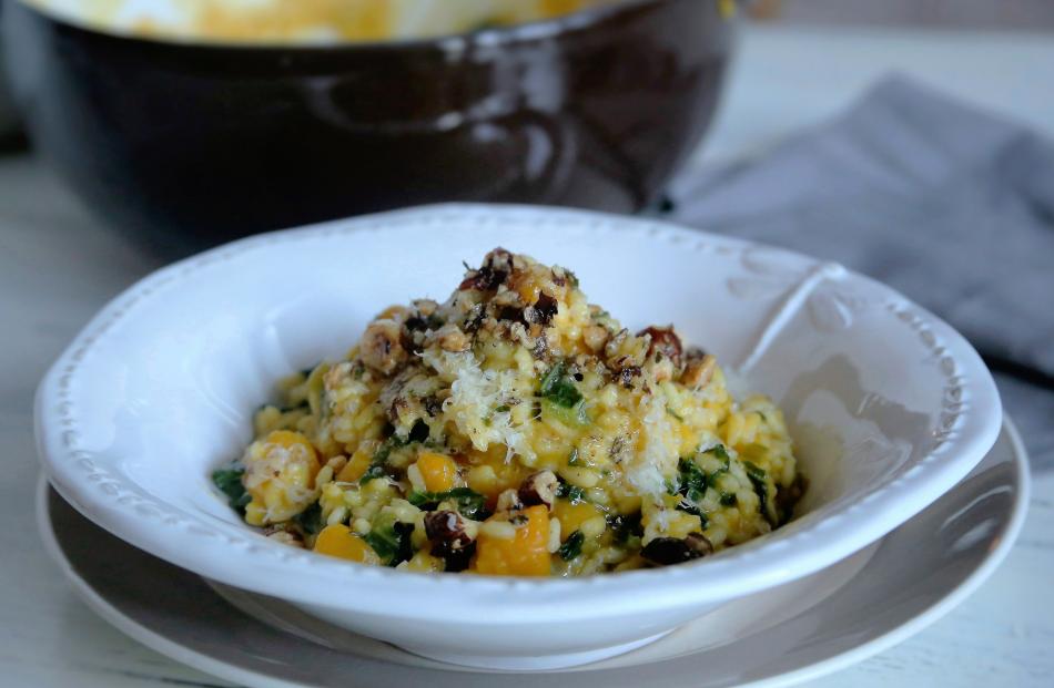 Pumpkin and kale risotto with brown butter hazelnuts. Photo: Simon Lambert