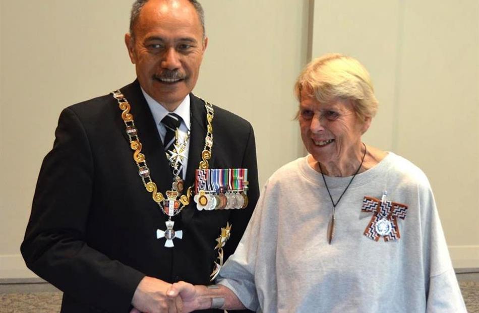 Governor-General Sir Jerry Mateparae and Jan Tucker, who was given a Queen’s Service Medal for...