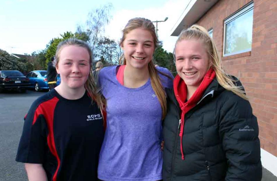 Caitlin Scott (16) and Ashlea Katon (16), both of Balclutha, with Nadia Lyders (16), of Lawrence.