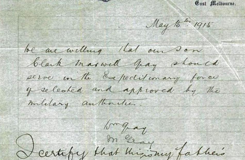 The letter William Gray wrote giving permission for his schoolboy son Max to enlist. Photo by...