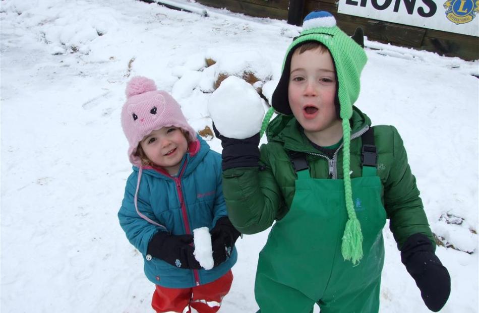 Lochie Grant (4), of Dunedin, takes aim with a snowball while his sister Isla (2) awaits her turn.