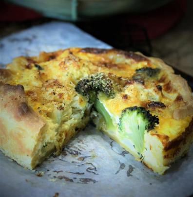 Cauliflower, broccoli and leek pie. Photo: Simon Lambert