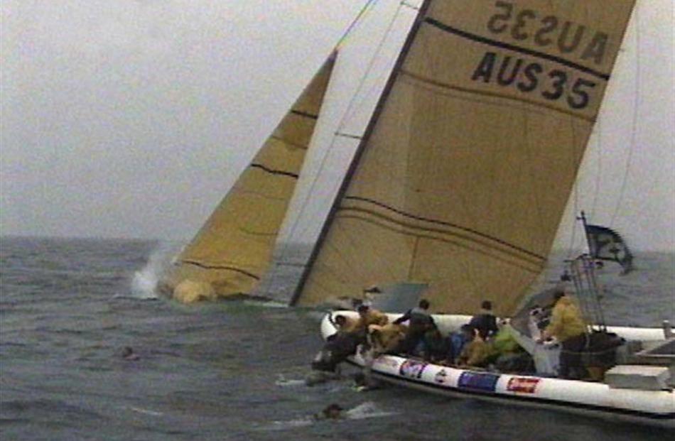 Interisland Rescue, in an earlier role, comes to the rescue of sinking America’s Cup yacht One...