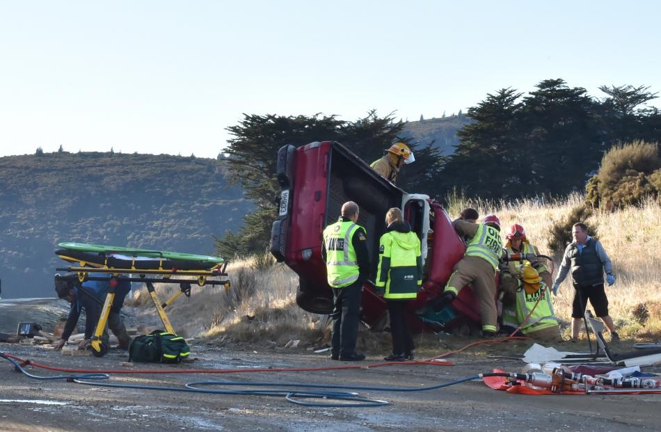 Emergency services at an accident on Dunedin's northern motorway this morning. Photo: Gregor...
