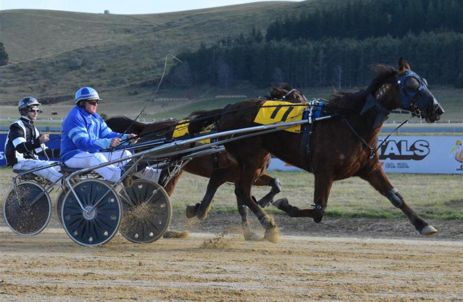 Tijuana Taxi lengthens out close to the line in the maiden trot at Oamaru yesterday. Photo by...