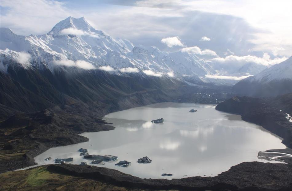 The helicopter flight on to the Tasman Glacier provided stunning views out over the icebergs in...