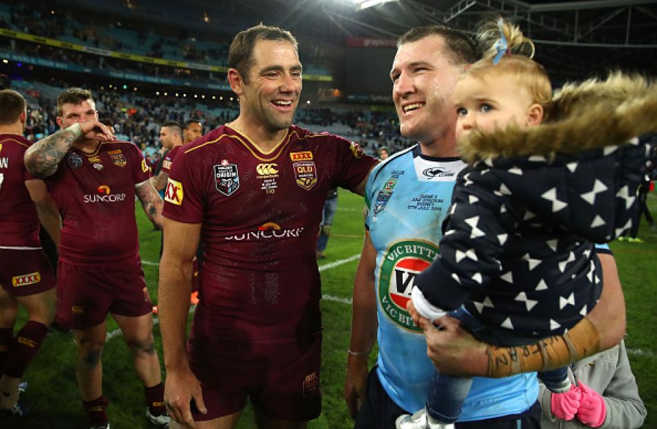 Queensland's Cameron Smith (L) and New South Wales' Paul Gallen after the match. Photo Getty