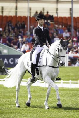 Clarke Johnstone, on Balmoral Sensation, competes in the dressage section of the Badminton Horse...