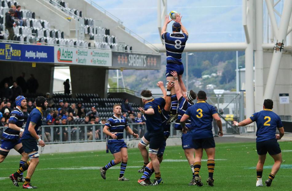 Action from today's club rugby final between Kaikorai and Dunedin. Photo: Caswell Images