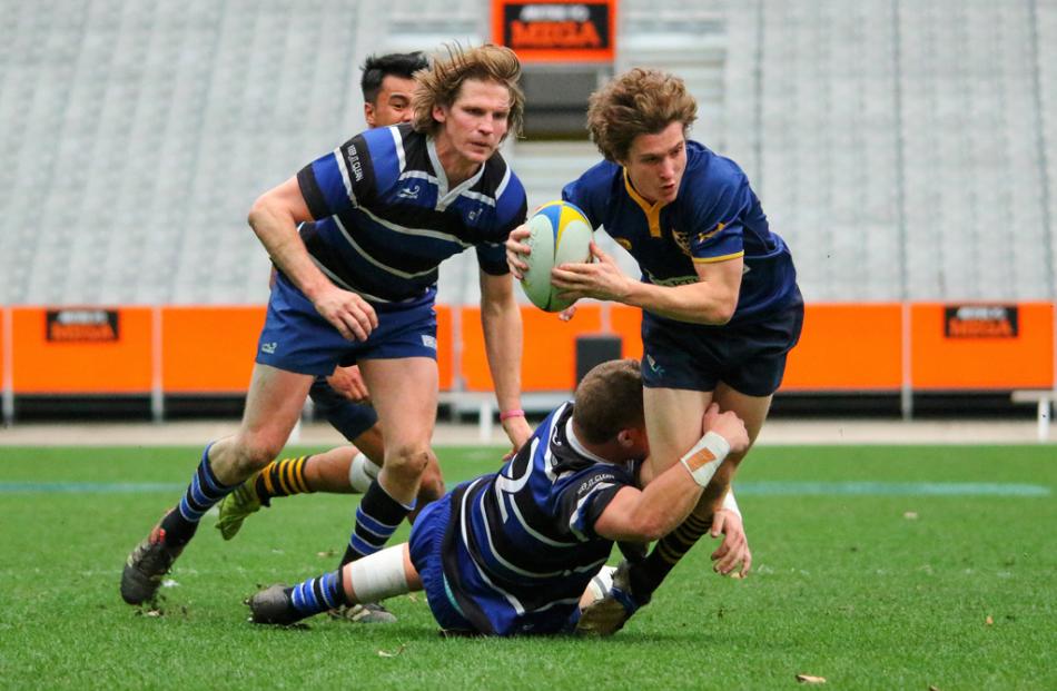 Action from today's club rugby final between Kaikorai and Dunedin. Photo: Caswell Images