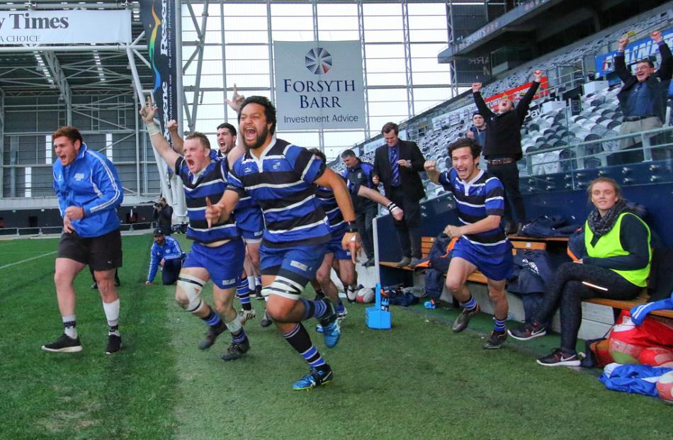 Action from today's club rugby final between Kaikorai and Dunedin. Photo: Caswell Images