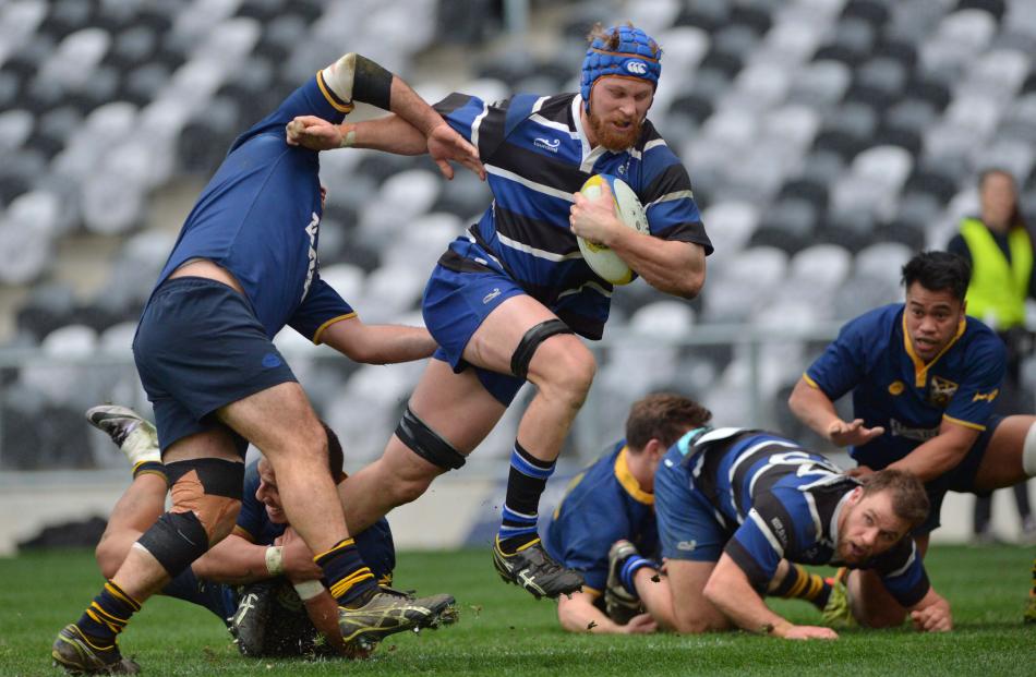 Action from today's club rugby final between Kaikorai and Dunedin. Photo: Gerard O'Brien
