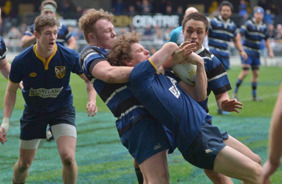 Action from today's club rugby final between Kaikorai and Dunedin. Photo: Gerard O'Brien