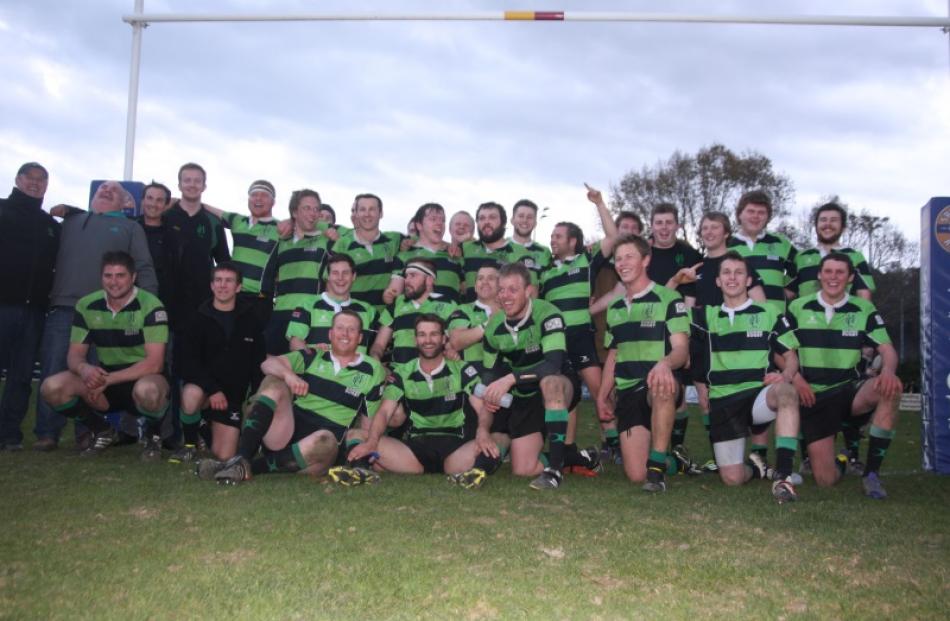 Maheno players celebrate their victory in the Citizens Shield final today. PHOTO: SHANNON GILLIES