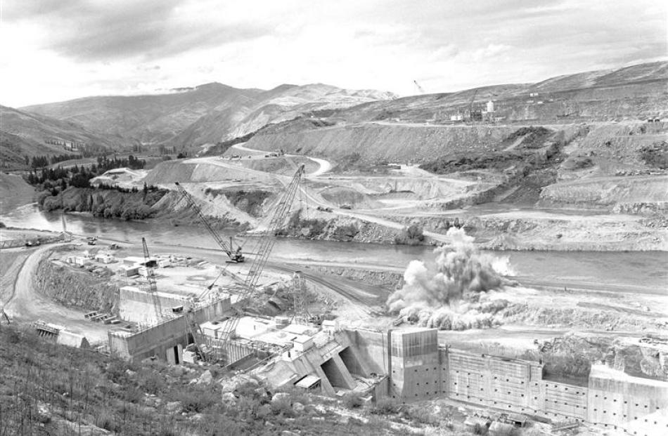 Construction of the Clyde dam is under way in this ODT file photograph.