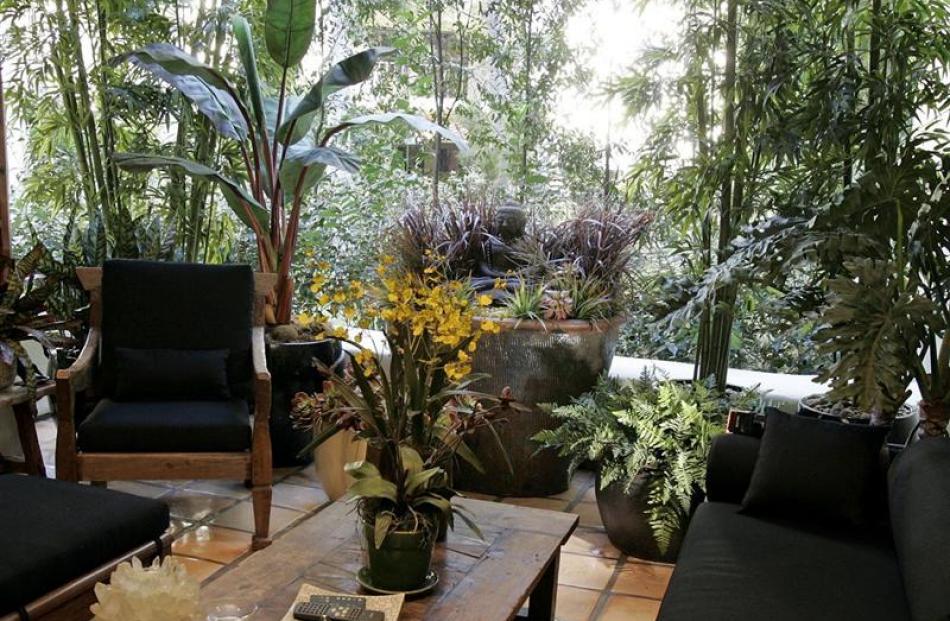 Adam Isaac's bedroom terrace garden is full of fake plants.